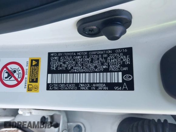 2016 Lexus CT 200h with VIN JTHKD5BH0G2274079, listed as a IAAI auction lot 41328449 with 121,173 mi miles and . Bid and sale history available at DreamBid. Image 9.