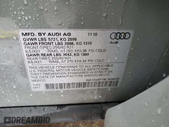 2019 Audi SQ5 Premium Plus with VIN WA1B4AFY9K2025075, listed as a Copart auction lot 49152064 with 71,288 mi miles and . Bid and sale history available at DreamBid. Image 12.
