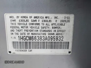 2003 Honda Accord LX with VIN 1HGCM66383A095932, listed as a IAAI auction lot 41957209 with 293,685 mi miles and . Bid and sale history available at DreamBid. Image 9.