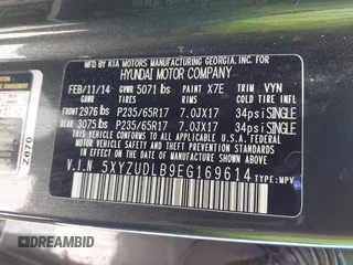 2014 Hyundai Santa Fe with VIN 5XYZUDLB9EG169614, listed as a IAAI auction lot 42208166 with 139,103 mi miles and . Bid and sale history available at DreamBid. Image 9.