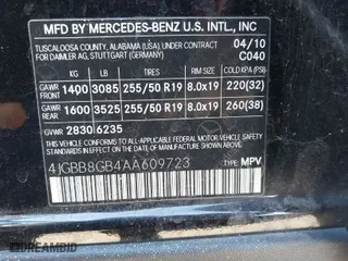 2010 Mercedes-Benz M-Class ML 350 with VIN 4JGBB8GB4AA609723, listed as a IAAI auction lot 40693702 with 80,748 mi miles. Bid and sale history available at carsss.com. Image 9.