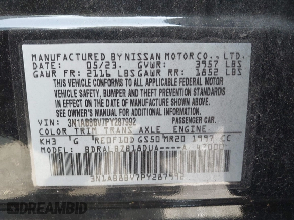 2023 Nissan Sentra S z VIN 3N1AB8BV7PY287992, wystawiony jako IAAI lot #42335056 z przebiegiem 14 482 mil mil oraz . Historia ofert i sprzedaży dostępna na DreamBid. Obrazek 9.