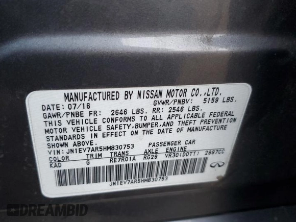 2017 Infiniti Q50 3.0t Signature Edition with VIN JN1EV7AR5HM830753, listed as a Copart auction lot 87638085 with 20,743 mi miles and Salvage Title. Bid and sale history available at carsss.com. Image 14.