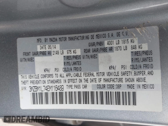 2014 Mazda 3 i Touring with VIN 3MZBM1L74EM116489, listed as a IAAI auction lot 41932973 with 89,817 mi miles and . Bid and sale history available at DreamBid. Image 9.