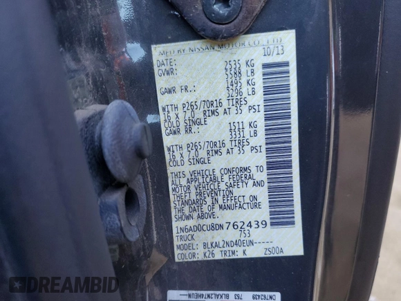 2013 Nissan Frontier SV z VIN 1N6AD0CU8DN762439, wystawiony jako Copart lot #48846055 z przebiegiem 47 374 mil mil oraz Szkoda całkowita • Salvage title. Historia ofert i sprzedaży dostępna na DreamBid. Obrazek 12.