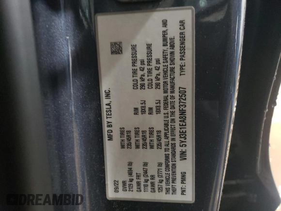 2022 Tesla Model 3 with VIN 5YJ3E1EA8NF372507, listed as a Copart auction lot 52572705 with 70,244 mi miles and Salvage Title. Bid and sale history available at DreamBid. Image 13.