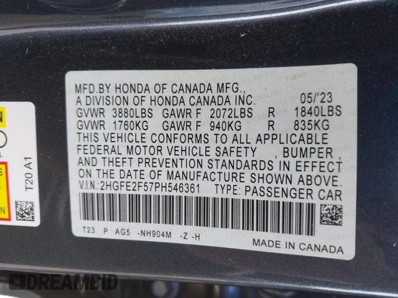 2023 Honda Civic Sedan Sport with VIN 2HGFE2F57PH546361, listed as a IAAI auction lot 41262884 with 33,309 mi miles. Bid and sale history available at carsss.com. Image 9.
