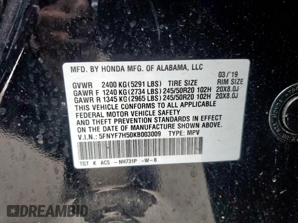 2019 Honda Passport EX-L with VIN 5FNYF7H50KB003009, listed as a Copart auction lot 50445685 with 61,313 mi miles and Salvage Title. Bid and sale history available at carsss.com. Image 14.