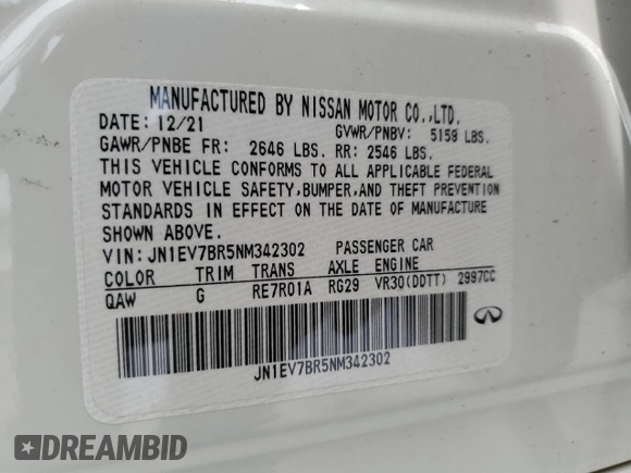 2022 Infiniti Q50 LUXE with VIN JN1EV7BR5NM342302, listed as a Copart auction lot 50257285 with 50,501 mi miles and Salvage Title. Bid and sale history available at carsss.com. Image 14.