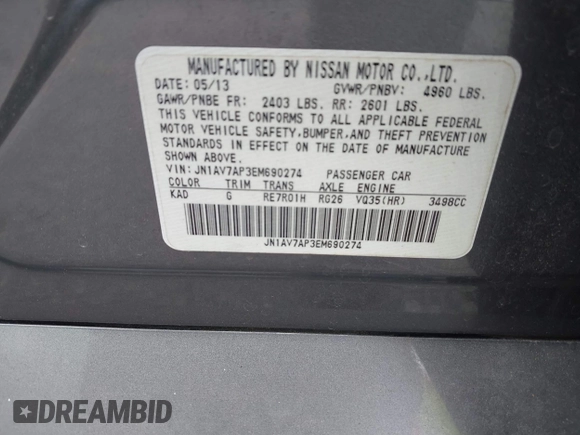 2014 Infiniti Q50 Hybrid Premium with VIN JN1AV7AP3EM690274, listed as a IAAI auction lot 42364775 with 123,315 mi miles and . Bid and sale history available at DreamBid. Image 9.
