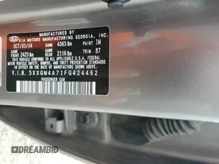 2015 Kia Optima LX z VIN 5XXGM4A71FG424462, wystawiony jako Copart lot #51968415 z przebiegiem 99 624 mil mil oraz Szkoda całkowita • Salvage title. Historia ofert i sprzedaży dostępna na DreamBid. Obrazek 12.