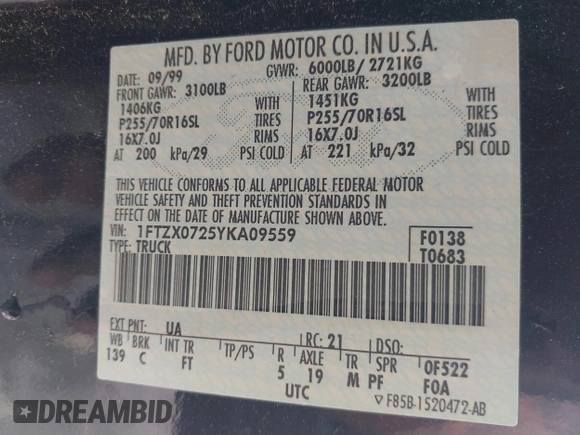 2000 Ford F-150 XL with VIN 1FTZX0725YKA09559, listed as a IAAI auction lot 41810954 with Not provided miles and . Bid and sale history available at DreamBid. Image 9.