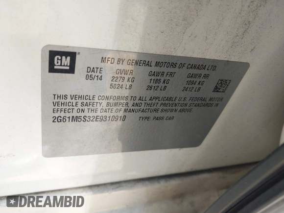 2014 Cadillac XTS Luxury with VIN 2G61M5S32E9310910, listed as a IAAI auction lot 41978298 with Not provided miles and . Bid and sale history available at DreamBid. Image 9.