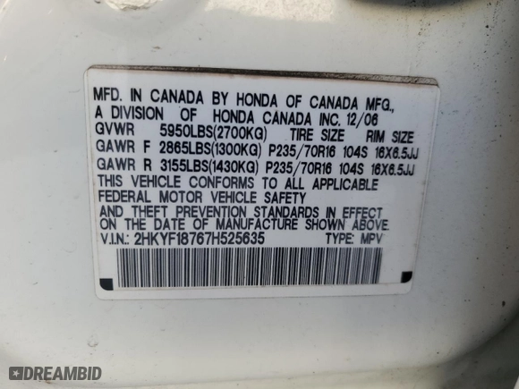 2007 Honda Pilot EX-L with VIN 2HKYF18767H525635, listed as a Copart auction lot 49491465 with 163,053 mi miles and Clean Title. Bid and sale history available at carsss.com. Image 15.