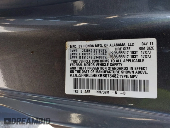 2011 Honda Odyssey EX-L with VIN 5FNRL5H6XBB073482, listed as a IAAI auction lot 42090463 with 213,061 mi miles and . Bid and sale history available at carsss.com. Image 9.