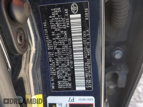 2017 Toyota Camry XLE with VIN 4T1BF1FK7HU741526, listed as a Copart auction lot 54153235 with 137,069 mi miles and Salvage Title. Bid and sale history available at carsss.com. Image 12.