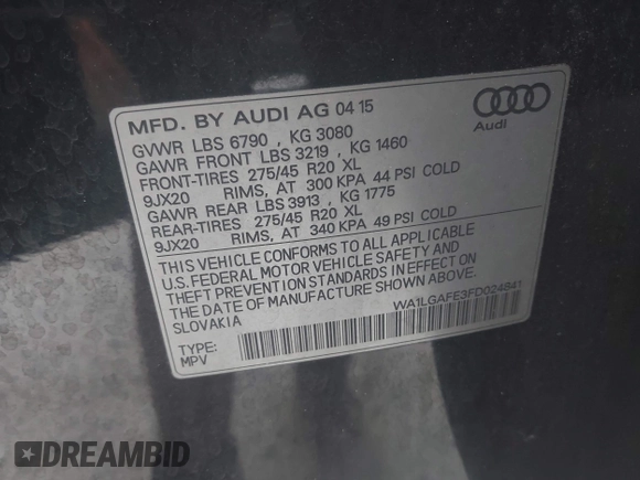 2015 Audi Q7 Premium Plus with VIN WA1LGAFE3FD024841, listed as a IAAI auction lot 42392778 with 110,970 mi miles and . Bid and sale history available at DreamBid. Image 9.
