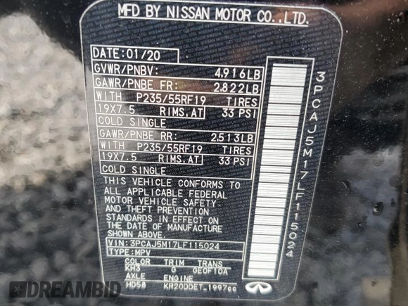 2020 Infiniti QX50 Luxe with VIN 3PCAJ5M17LF115024, listed as a Copart auction lot 54704385 with 68,853 mi miles and Salvage title. Bid and sale history available at DreamBid. Image 13.