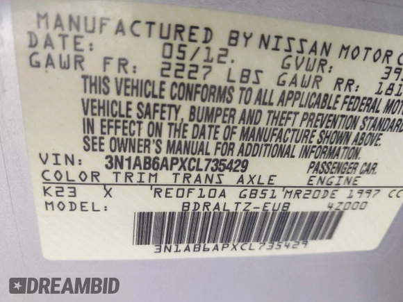 2012 Nissan Sentra S with VIN 3N1AB6APXCL735429, listed as a IAAI auction lot 42375681 with 134,560 mi miles and . Bid and sale history available at DreamBid. Image 9.