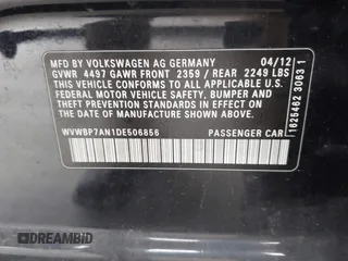 2013 Volkswagen CC Sport with VIN WVWBP7AN1DE506856, listed as a IAAI auction lot 42111392 with 172,706 mi miles. Bid and sale history available at carsss.com. Image 9.