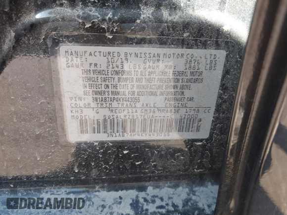 2019 Nissan Sentra SR with VIN 3N1AB7AP4KY443055, listed as a IAAI auction lot 41769268 with 61,990 mi miles and . Bid and sale history available at DreamBid. Image 9.