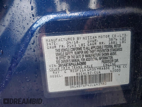2018 Nissan Sentra SV with VIN 3N1AB7AP4JL643980, listed as a Copart auction lot 73711344 with 76,317 mi miles and Salvage Title. Bid and sale history available at DreamBid. Image 12.