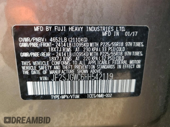 2017 Subaru Forester Touring with VIN JF2SJGWC6HH542119, listed as a Copart auction lot 59473655 with Not provided miles and Salvage title. Bid and sale history available at DreamBid. Image 12.
