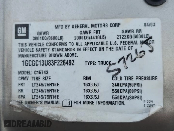 2003 Chevrolet Silverado 1500HD LS z VIN 1GCGC13U83F226492, wystawiony jako Copart lot #82388294 z przebiegiem 172 310 mil mil oraz Szkoda całkowita • Salvage title. Historia ofert i sprzedaży dostępna na DreamBid. Obrazek 12.