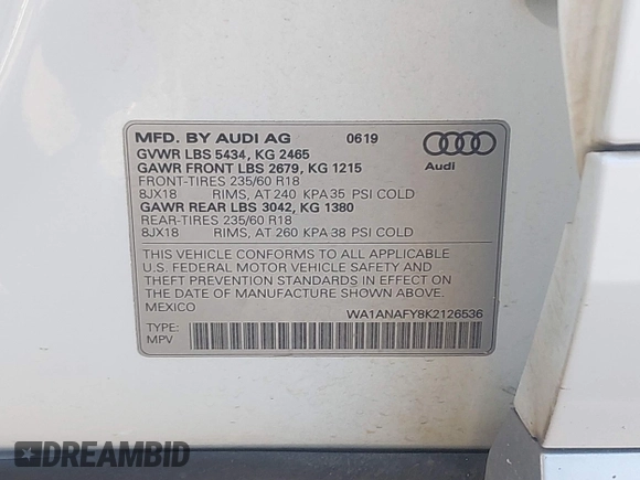 2019 Audi Q5 Premium with VIN WA1ANAFY8K2126536, listed as a IAAI auction lot 41018854 with 132,800 mi miles. Bid and sale history available at carsss.com. Image 9.
