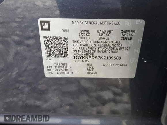 2019 Cadillac XT5 AWD with VIN 1GYKNBRS7KZ109588, listed as a Copart auction lot 56352135 with 66,873 mi miles and Salvage title. Bid and sale history available at DreamBid. Image 13.