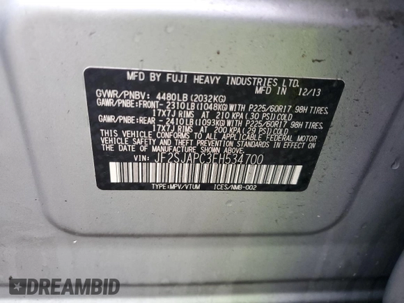 2014 Subaru Forester Touring with VIN JF2SJAPC3EH534700, listed as a Copart auction lot 56940105 with Not provided miles and Salvage title. Bid and sale history available at DreamBid. Image 13.
