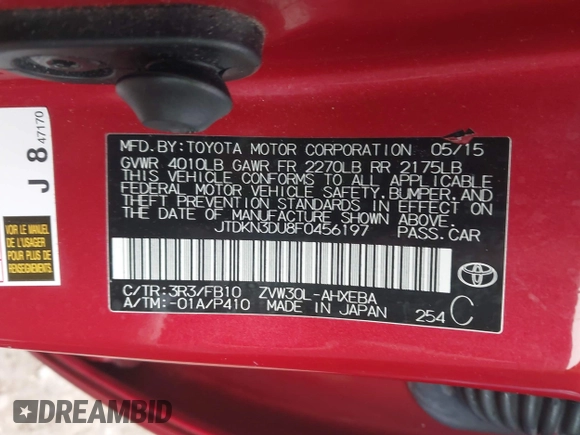 2015 Toyota Prius Four with VIN JTDKN3DU8F0456197, listed as a IAAI auction lot 41884023 with 8,510 mi miles. Bid and sale history available at carsss.com. Image 9.
