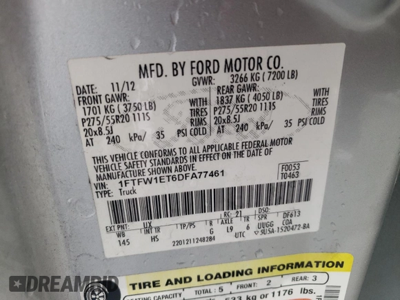 2013 Ford F-150 XL with VIN 1FTFW1ET6DFA77461, listed as a Copart auction lot 56497205 with 140,694 mi miles and Salvage title. Bid and sale history available at DreamBid. Image 12.