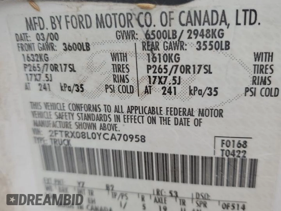 2000 Ford F-150 XL with VIN 2FTRX08L0YCA70958, listed as a Copart auction lot 44517605 with 237,228 mi miles and Salvage title. Bid and sale history available at DreamBid. Image 12.