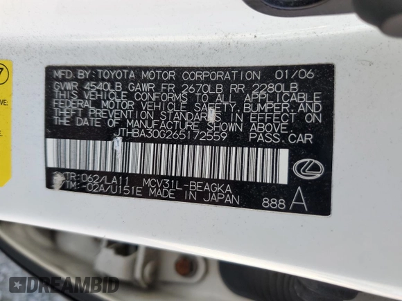 2006 Lexus ES 350 with VIN JTHBA30G265172559, listed as a Copart auction lot 50483825 with 221,510 mi miles and Salvage Title. Bid and sale history available at DreamBid. Image 12.