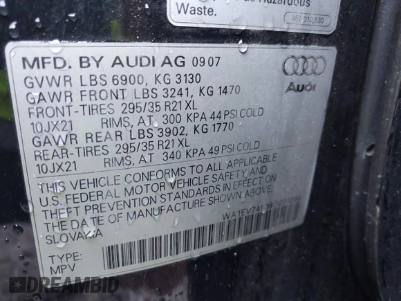 2008 Audi Q7 Premium with VIN WA1EV74L18D021295, listed as a IAAI auction lot 42653108 with 137,054 mi miles and . Bid and sale history available at DreamBid. Image 9.