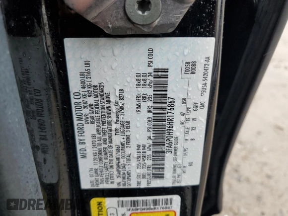 2017 Ford Fusion SE with VIN 3FA6P0H96HR176867, listed as a Copart auction lot 55921655 with 199,201 mi miles and Clean Title. Bid and sale history available at DreamBid. Image 12.