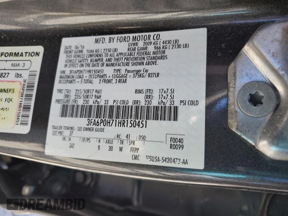 2017 Ford Fusion SE z VIN 3FA6P0H71HR150451, wystawiony jako Copart lot #46283505 z przebiegiem 148 702 mil mil oraz Szkoda całkowita • Salvage title. Historia ofert i sprzedaży dostępna na DreamBid. Obrazek 12.
