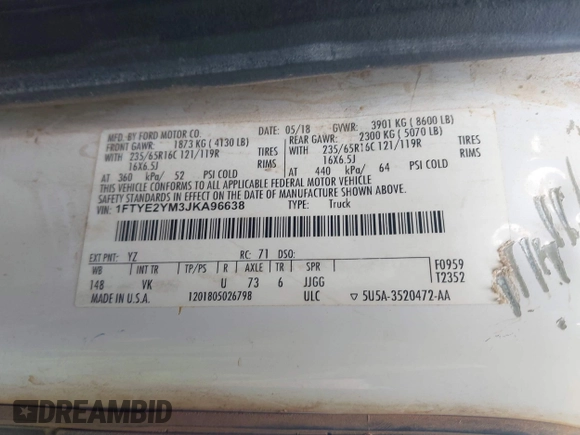 2018 Ford Transit Cargo with VIN 1FTYE2YM3JKA96638, listed as a IAAI auction lot 41319002 with Not Provided miles. Bid and sale history available at carsss.com. Image 9.