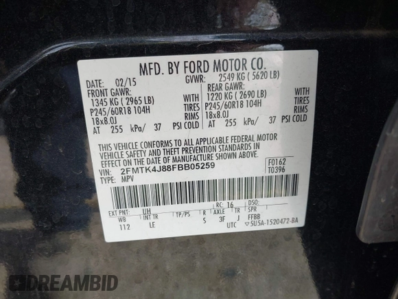 2015 Ford Edge SEL with VIN 2FMTK4J88FBB05259, listed as a IAAI auction lot 42043247 with 128,987 mi miles. Bid and sale history available at carsss.com. Image 9.