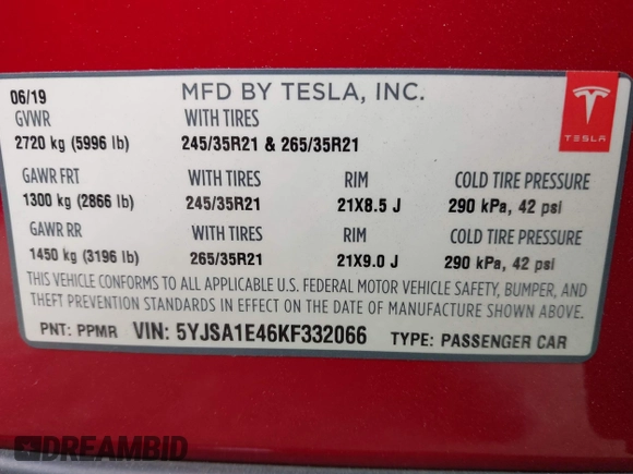 2019 Tesla Model S 100D z VIN 5YJSA1E46KF332066, wystawiony jako IAAI lot #42189828 z przebiegiem 55 751 mil mil oraz . Historia ofert i sprzedaży dostępna na DreamBid. Obrazek 9.