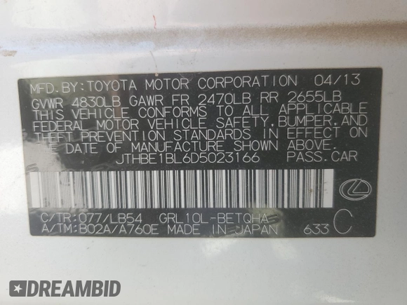 2013 Lexus GS 350 with VIN JTHBE1BL6D5023166, listed as a Copart auction lot 48426705 with 112,866 mi miles and Salvage title. Bid and sale history available at DreamBid. Image 14.