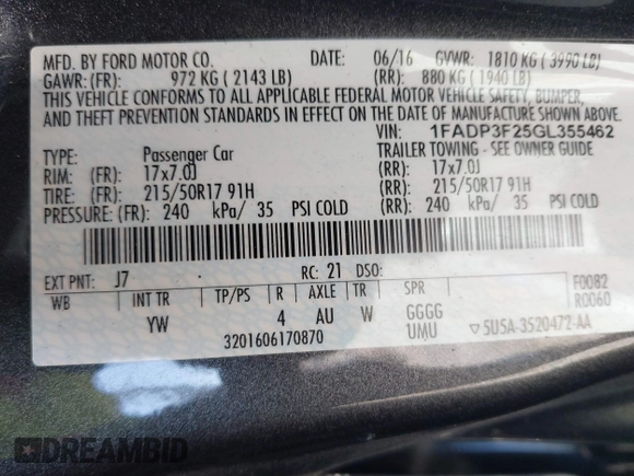 2016 Ford Focus SE with VIN 1FADP3F25GL355462, listed as a IAAI auction lot 41868865 with 212,366 mi miles. Bid and sale history available at carsss.com. Image 9.