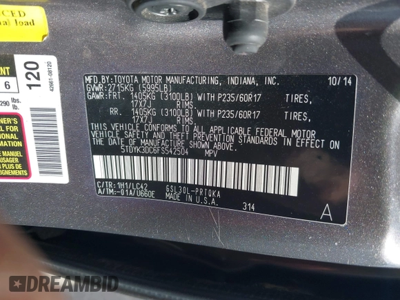 2015 Toyota Sienna XLE with VIN 5TDYK3DC6FS542504, listed as a IAAI auction lot 42569992 with 113,004 mi miles and . Bid and sale history available at DreamBid. Image 9.