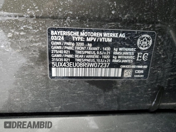 2024 BMW X5 xDrive50e with VIN 5UX43EU08R9W07237, listed as a Copart auction lot 46109415 with 0 mi miles and Salvage Title. Bid and sale history available at carsss.com. Image 13.