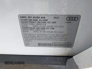 2022 Audi Q5 S line Premium Plus with VIN WA1EAAFY7N2088928, listed as a IAAI auction lot 42068146 with 42,956 mi miles and . Bid and sale history available at DreamBid. Image 9.