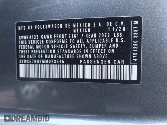 2021 Volkswagen Jetta S z VIN 3VWC57BU2MM023545, wystawiony jako IAAI lot #41285910 z przebiegiem 79 753 mil mil oraz . Historia ofert i sprzedaży dostępna na DreamBid. Obrazek 9.