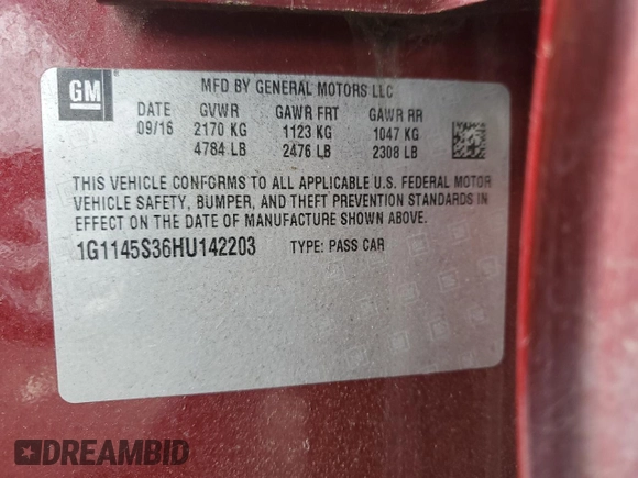 2017 Chevrolet Impala Premier with VIN 1G1145S36HU142203, listed as a Copart auction lot 60892975 with 109,857 mi miles and Clean title. Bid and sale history available at DreamBid. Image 12.