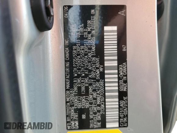 2007 Lexus RX 350 with VIN 2T2GK31U77C005882, listed as a Copart auction lot 53339095 with 137,722 mi miles and Salvage Title. Bid and sale history available at DreamBid. Image 13.