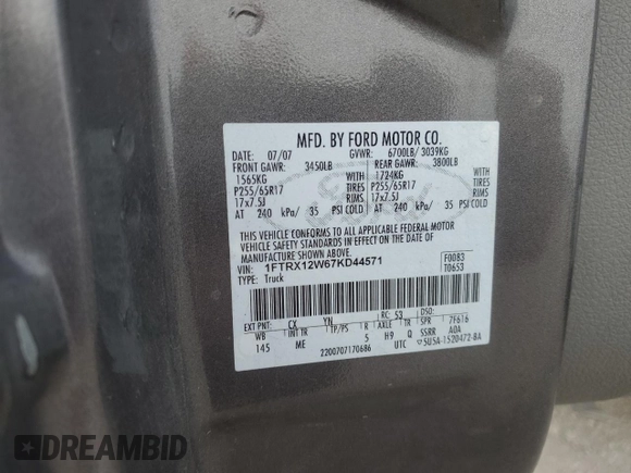 2007 Ford F-150 STX с VIN 1FTRX12W67KD44571, выставлен на аукционе Copart как лот 59526705 с пробегом 122 368 миль миль и Списание • Salvage title. История ставок и продаж доступна на DreamBid. Изображение 12.
